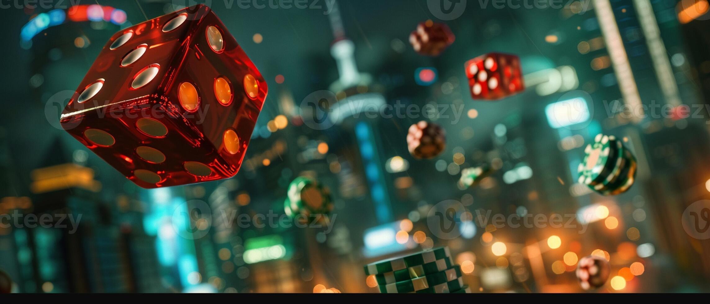 AI generated A Red dice soaring through the air with poker chips and a smoky cityscape background photo