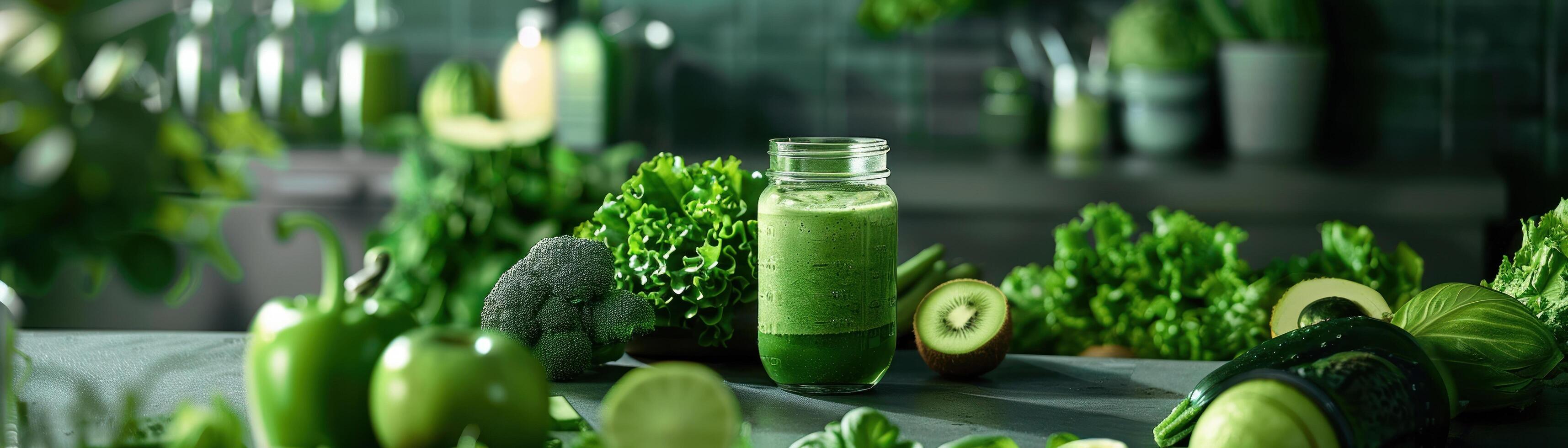 ai generado un sano verde zalamero en un tarro rodeado por un formación de verde vegetales y frutas en un cocina encimera. foto