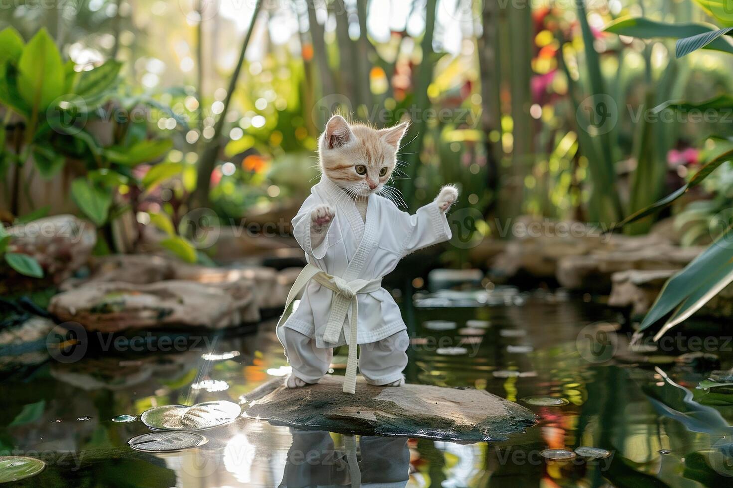 AI generated A kitten in a white karate uniform posing in a martial arts stance amidst a tranquil natural setting with water and plants. photo