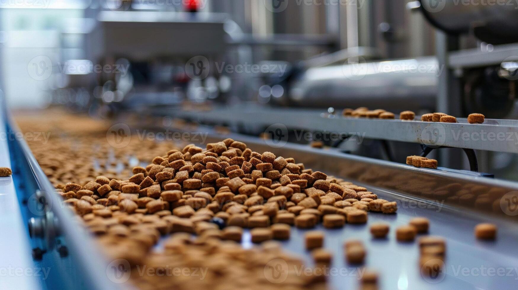AI generated An industrial pet food manufacturing process showing kibble being efficiently processed and sorted on an automated conveyor belt system. photo