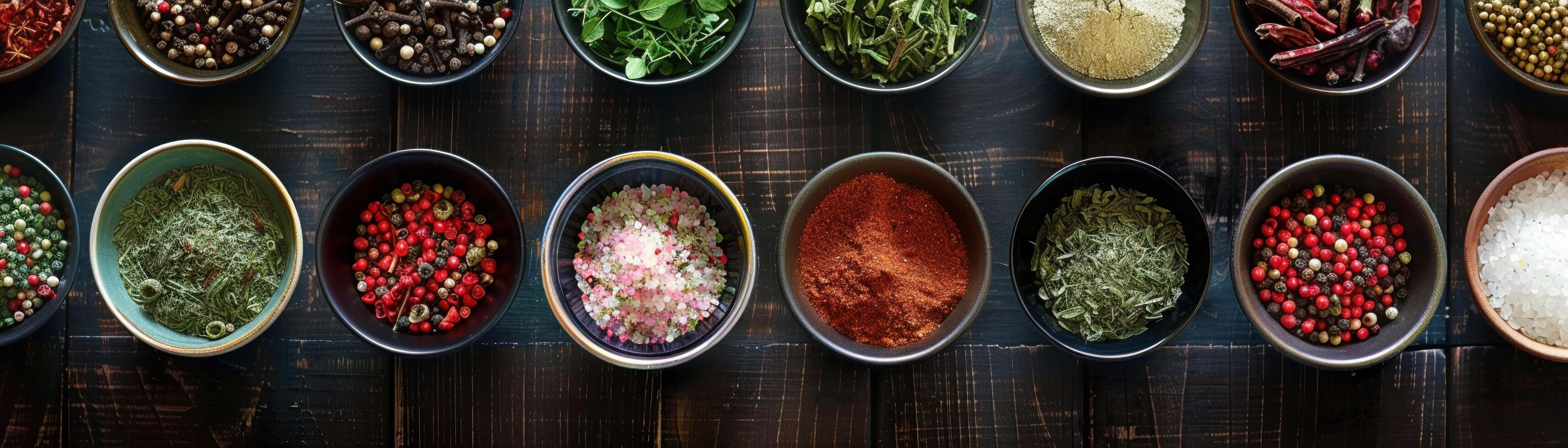 AI generated An extensive collection of spices and herbs displayed in bowls on a dark wooden surface photo