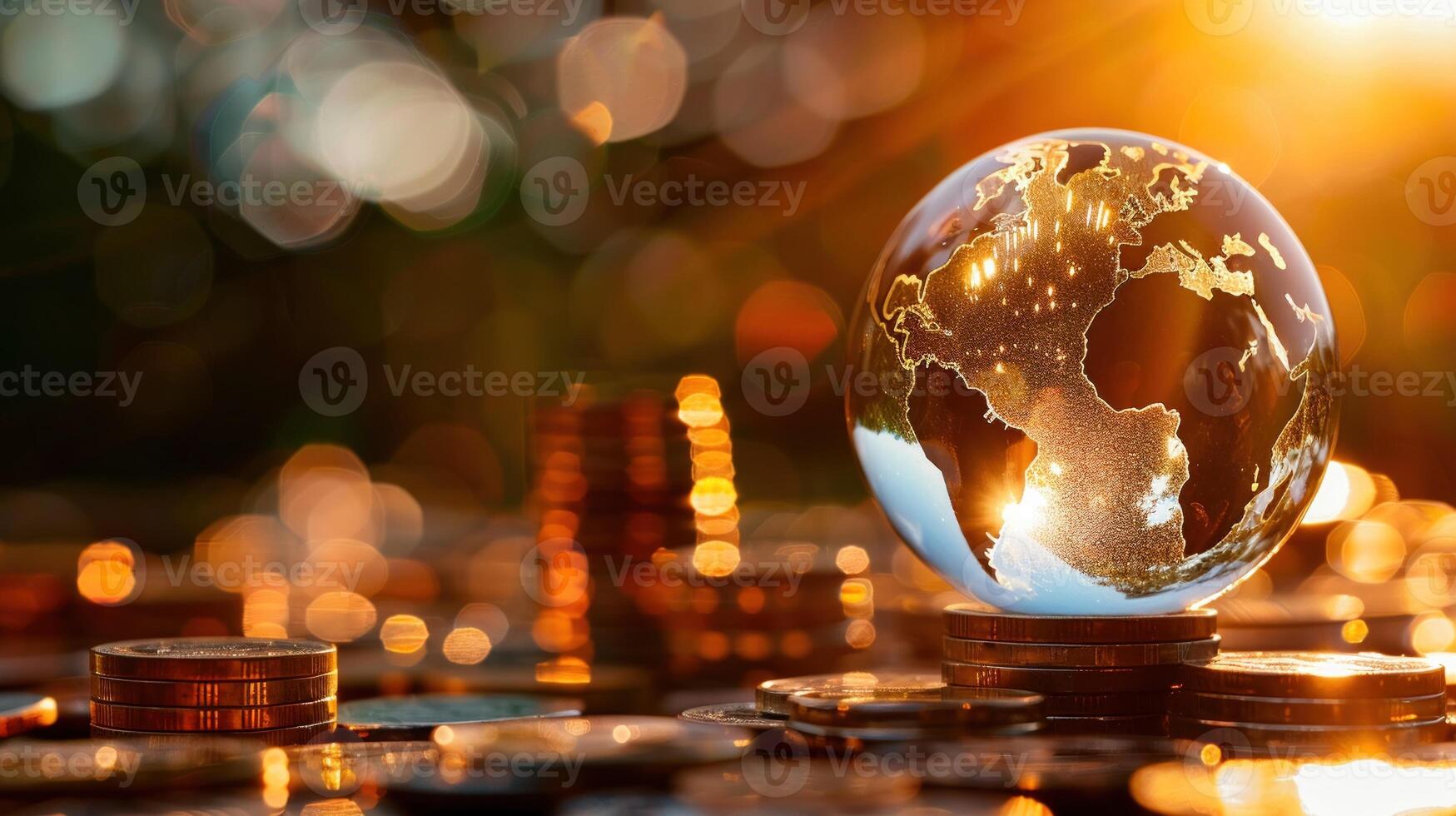 AI generated A glass globe rests on stacks of coins against a warm bokeh light background photo