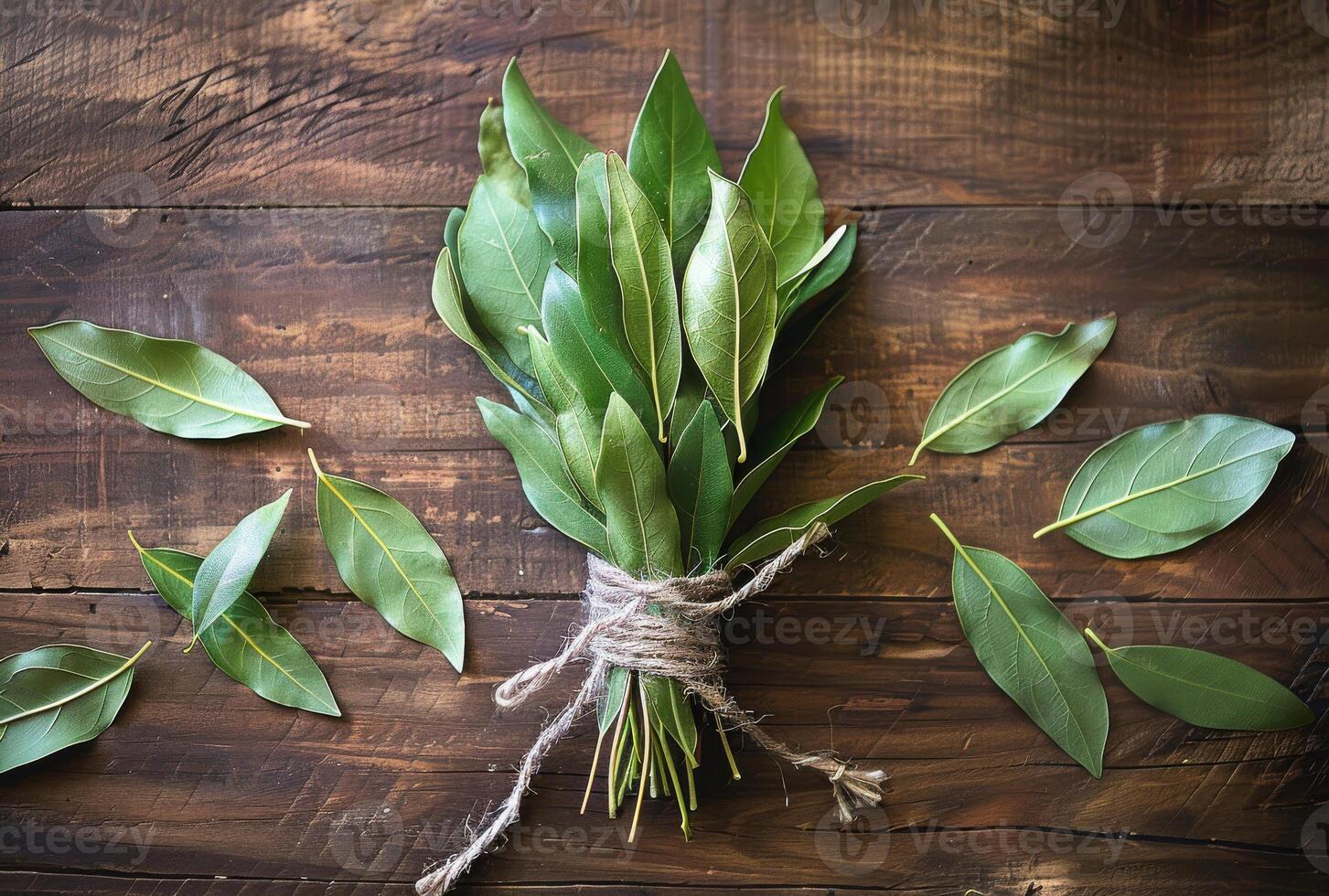AI generated Fresh green leaves of bay tree on wooden background photo