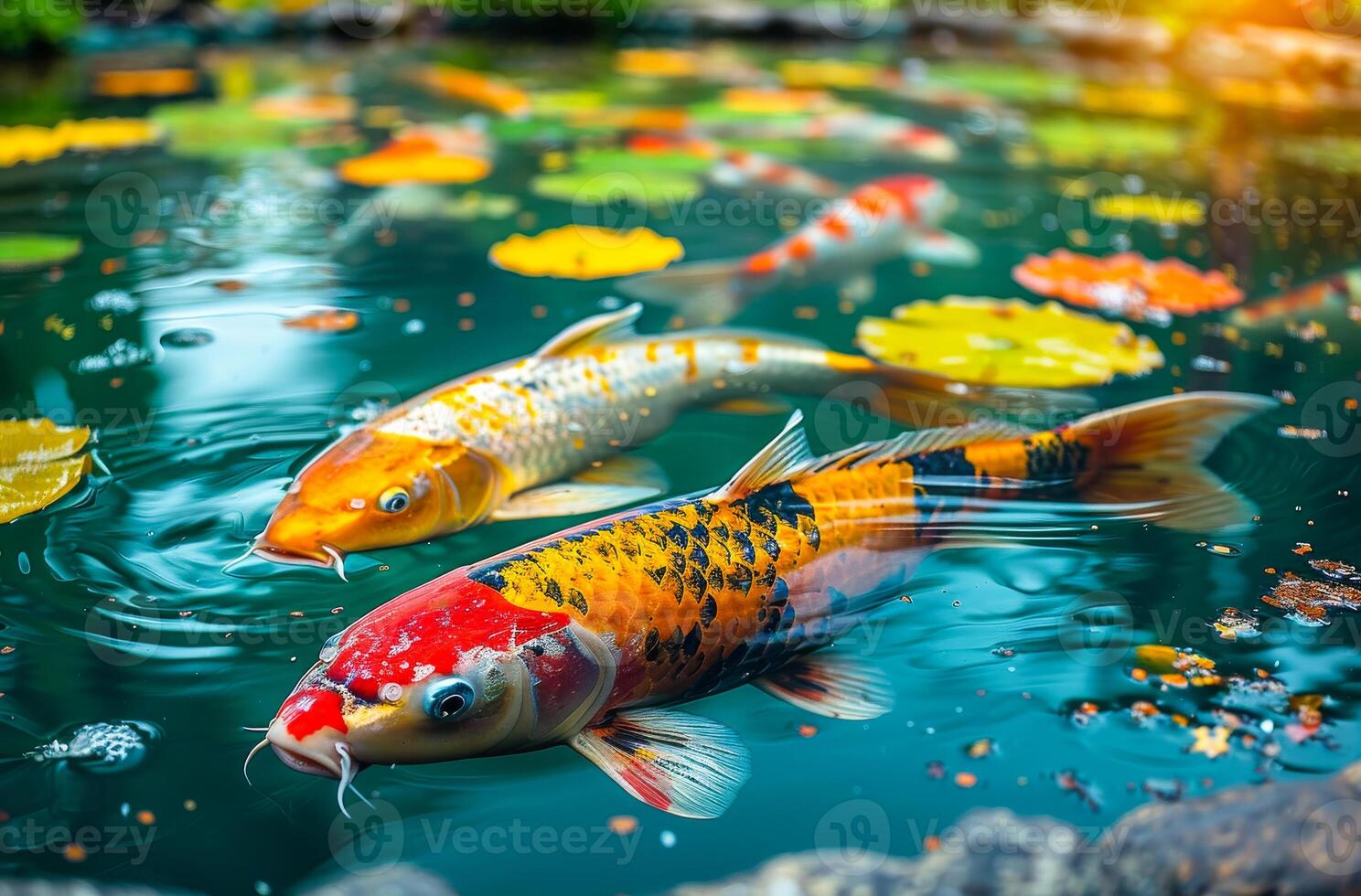 ai generado koi pescado en estanque a el jardín foto