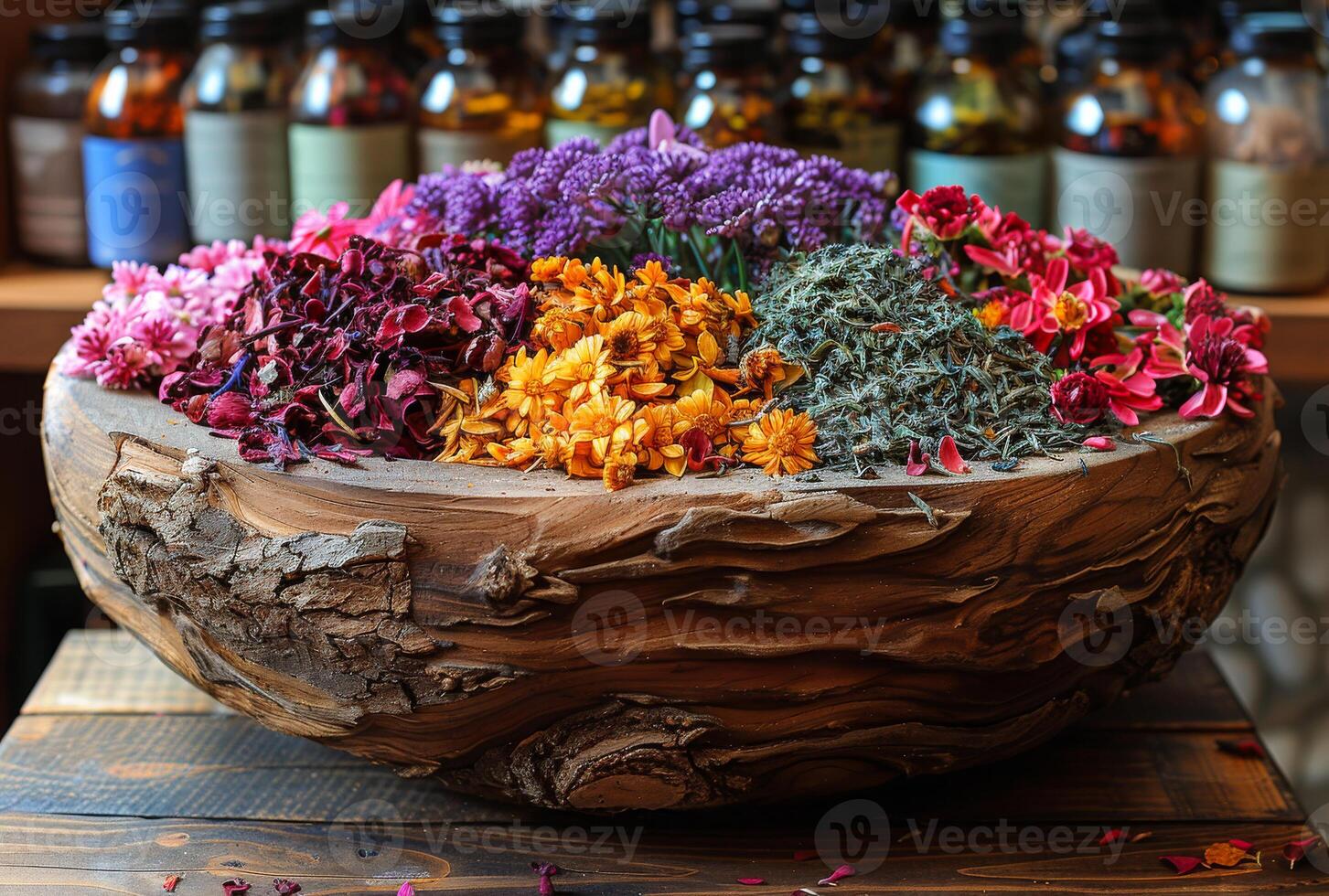 ai generado seco flores y hierbas en de madera bol. un hierba mortero y otro medicinal hierbas foto