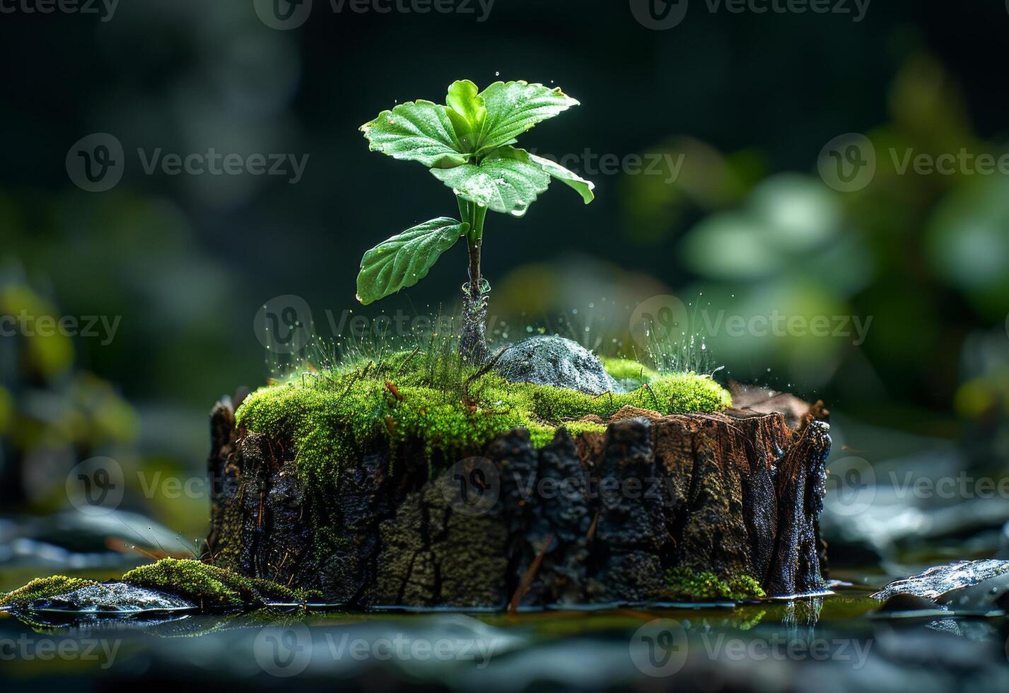 ai generado pequeño árbol es en tocón en el medio de río foto