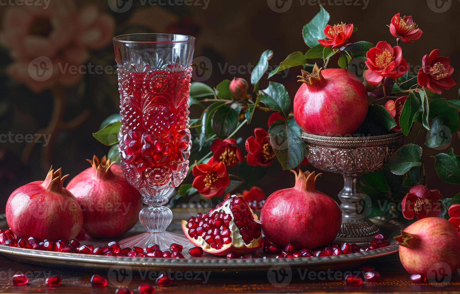 AI generated Pomegranate juice. Pomegranate juice in glass and pomegranates on silver tray photo