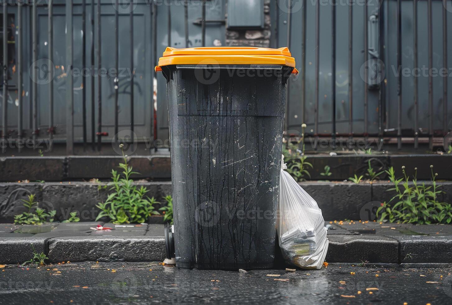 AI generated Large trash can stands on the street next to fence photo