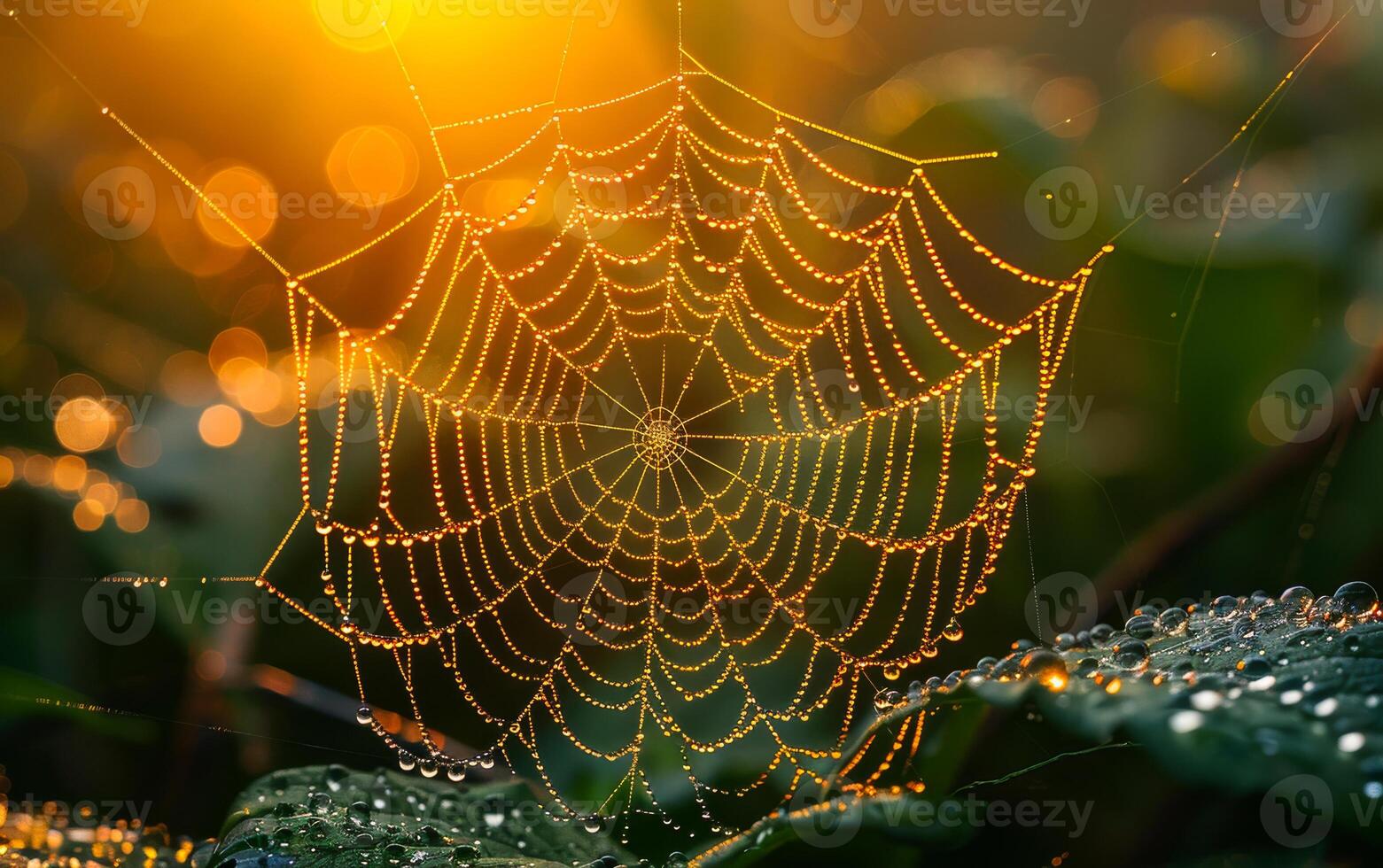 AI generated Spider web with dew drops in the morning photo