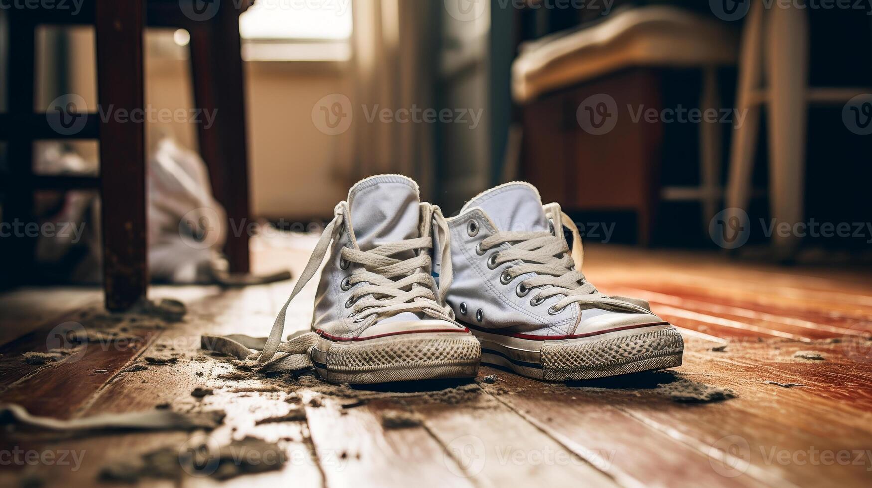 AI generated Pair of dirty white sneakers. Close up photo of used white dirty socks and converse sneakers on the floor