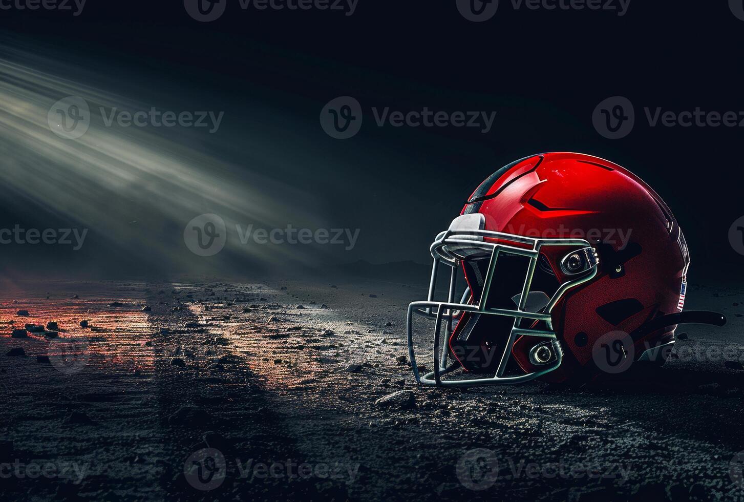 ai generado americano fútbol americano casco en pie en el campo con el Dom brillante detrás eso foto