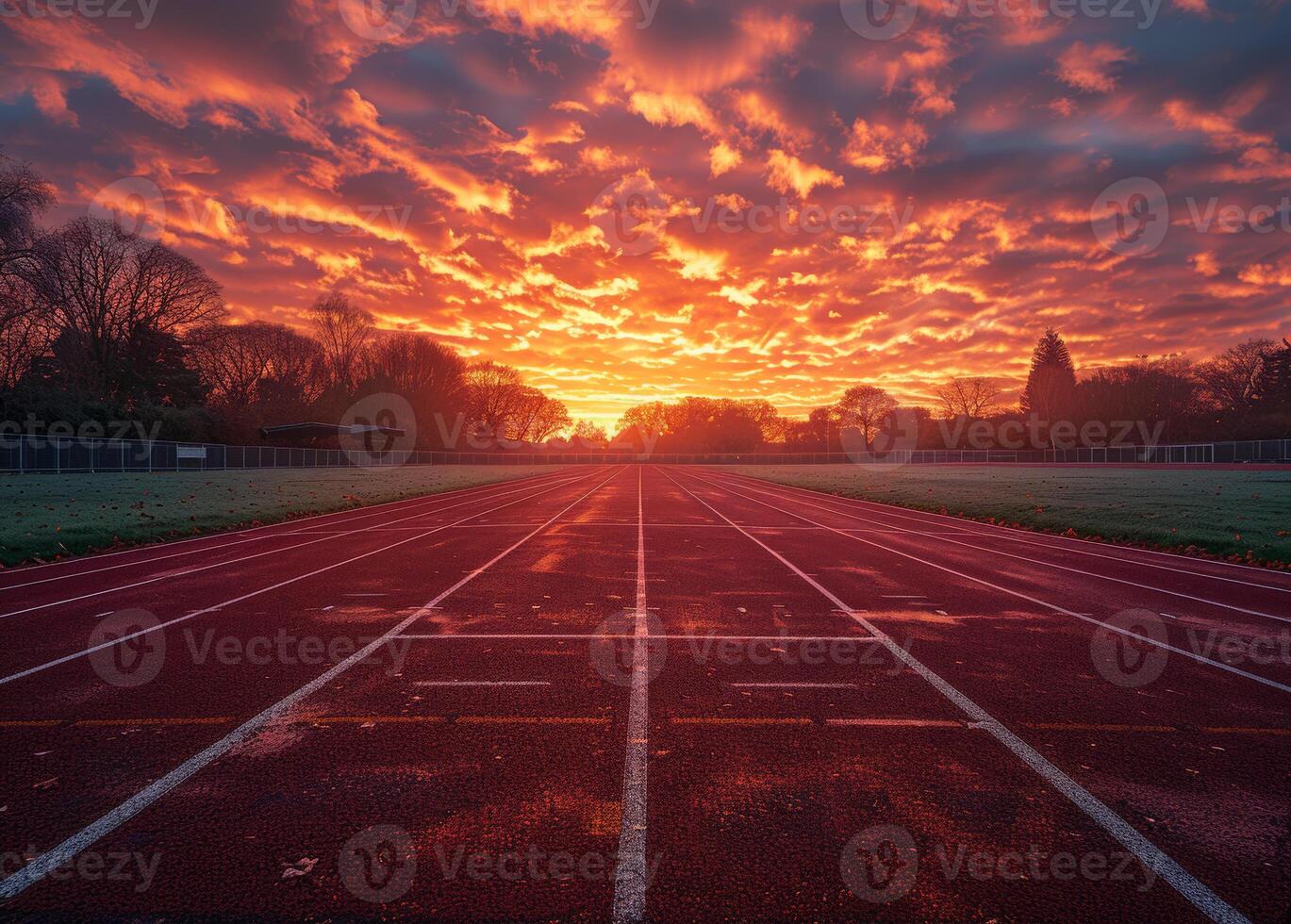 AI generated Track and field at sunset. A sunset over a field of track and field for sunrise photo