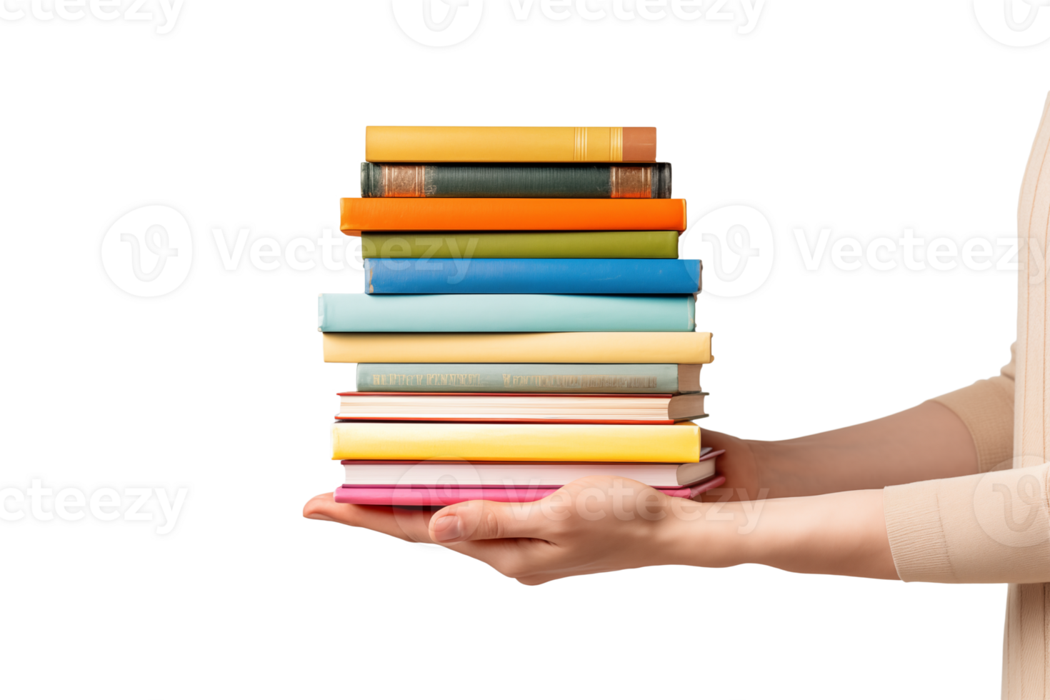 AI generated hand holding colorful pile of books png