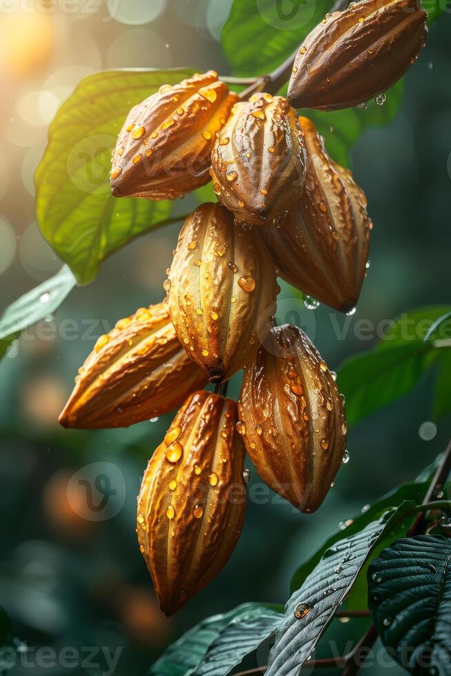 AI generated Cocoa Beans Fresh cocoa pod cut exposing cocoa seeds with cocoa plant in background. photo