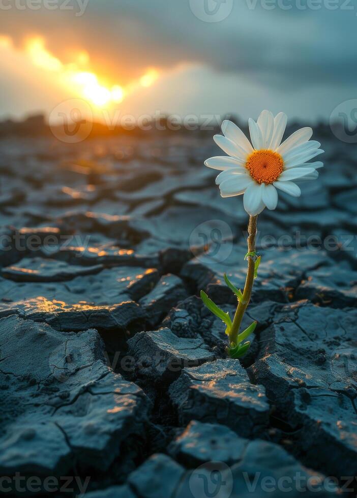 ai generado solitario margarita crece en seco arriba vacío campo. clima cambio foto