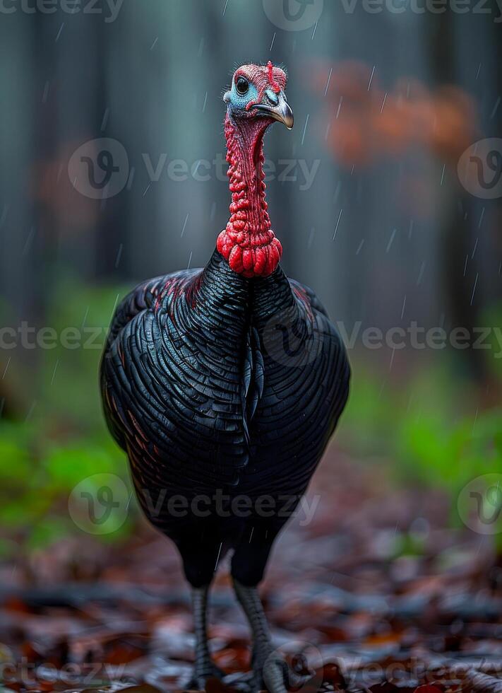AI generated Wild turkey walking in the forest in the rain photo