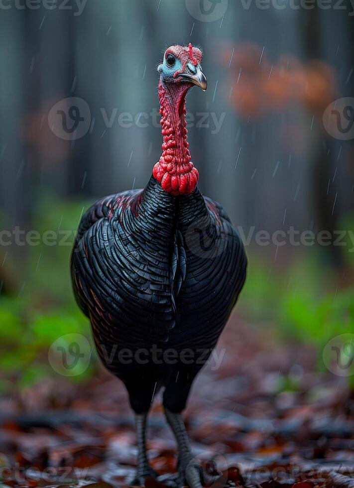 ai generado salvaje Turquía caminando en el bosque en el lluvia foto