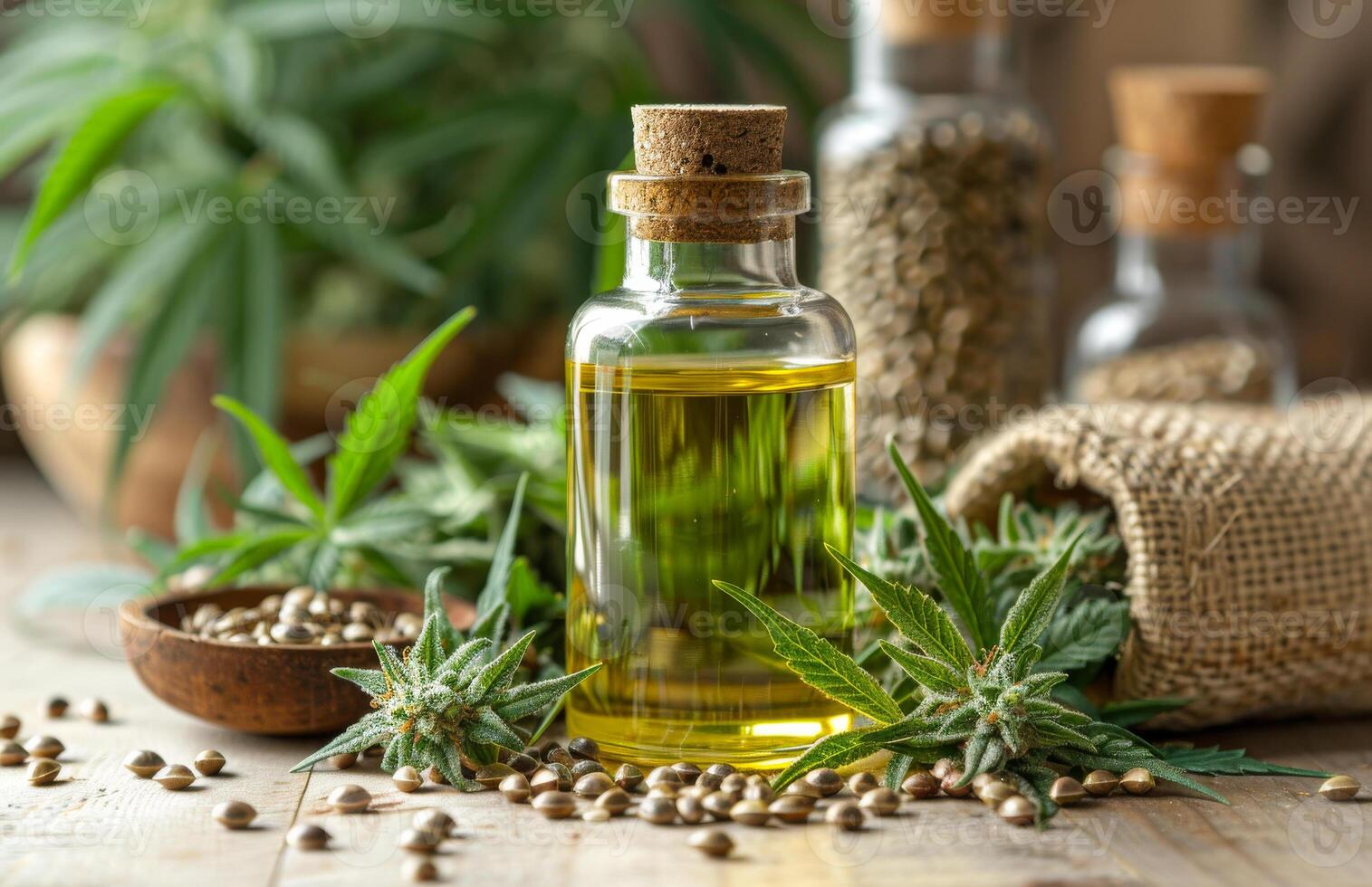 AI generated Bottle of hemp oil with cannabis plant photo