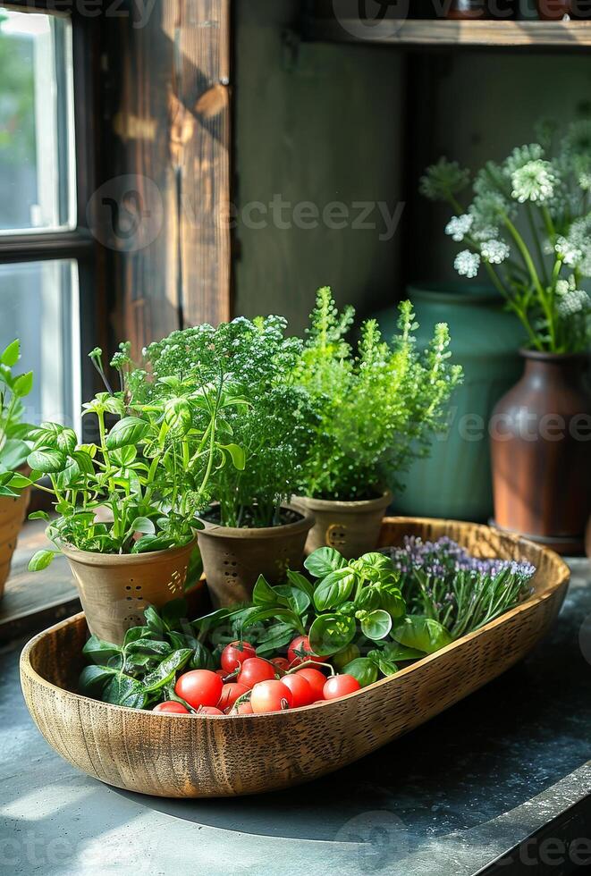 AI generated Fresh herbs and tomatoes in wooden bowl photo