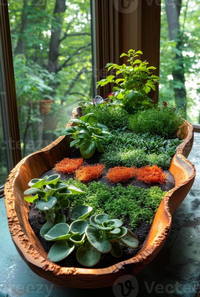 AI generated Wooden bowl is filled with variety of plants photo