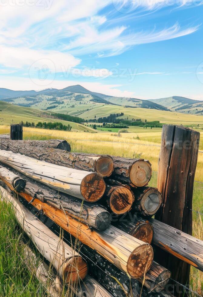 ai generado de madera cerca y registros en el campo foto