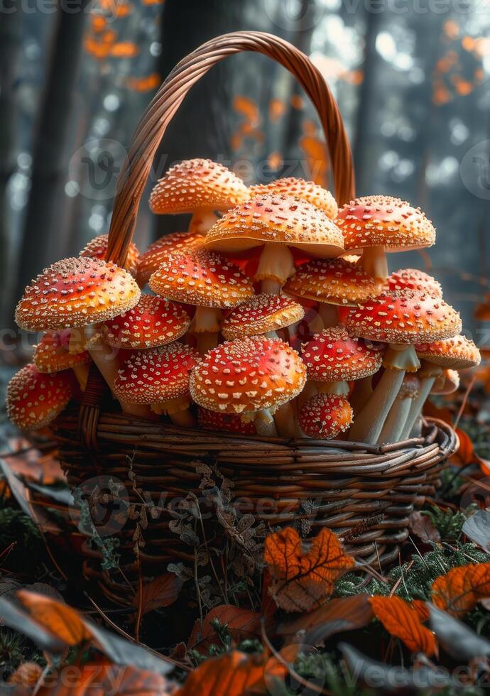 ai generado amanita muscaria hongos en cesta en el bosque foto