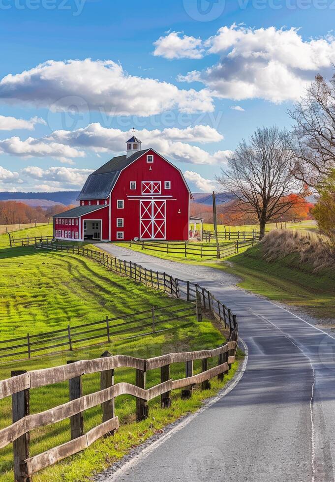 AI generated Red barn and winding country road in rural photo