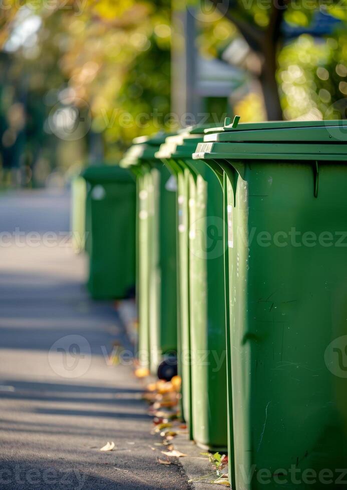 ai generado verde basura contenedores en fila en el calle foto