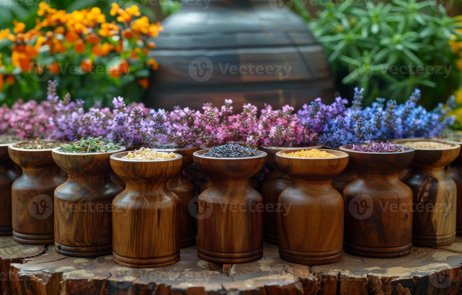 AI generated Different types of aromatic herbs in wooden spoons on wooden table photo