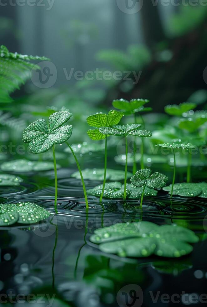 AI generated Water lilies and ferns in pond photo