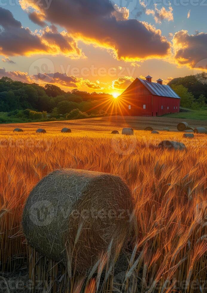 ai generado puesta de sol terminado granja campo con heno fardos y granero en el antecedentes foto