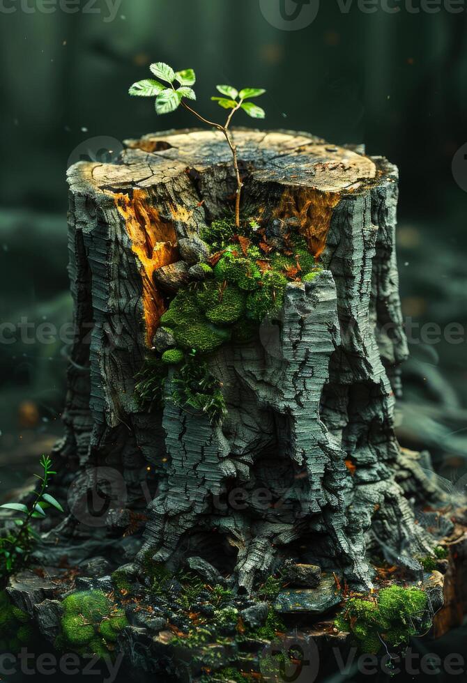 AI generated Stump with sapling in the old forest photo