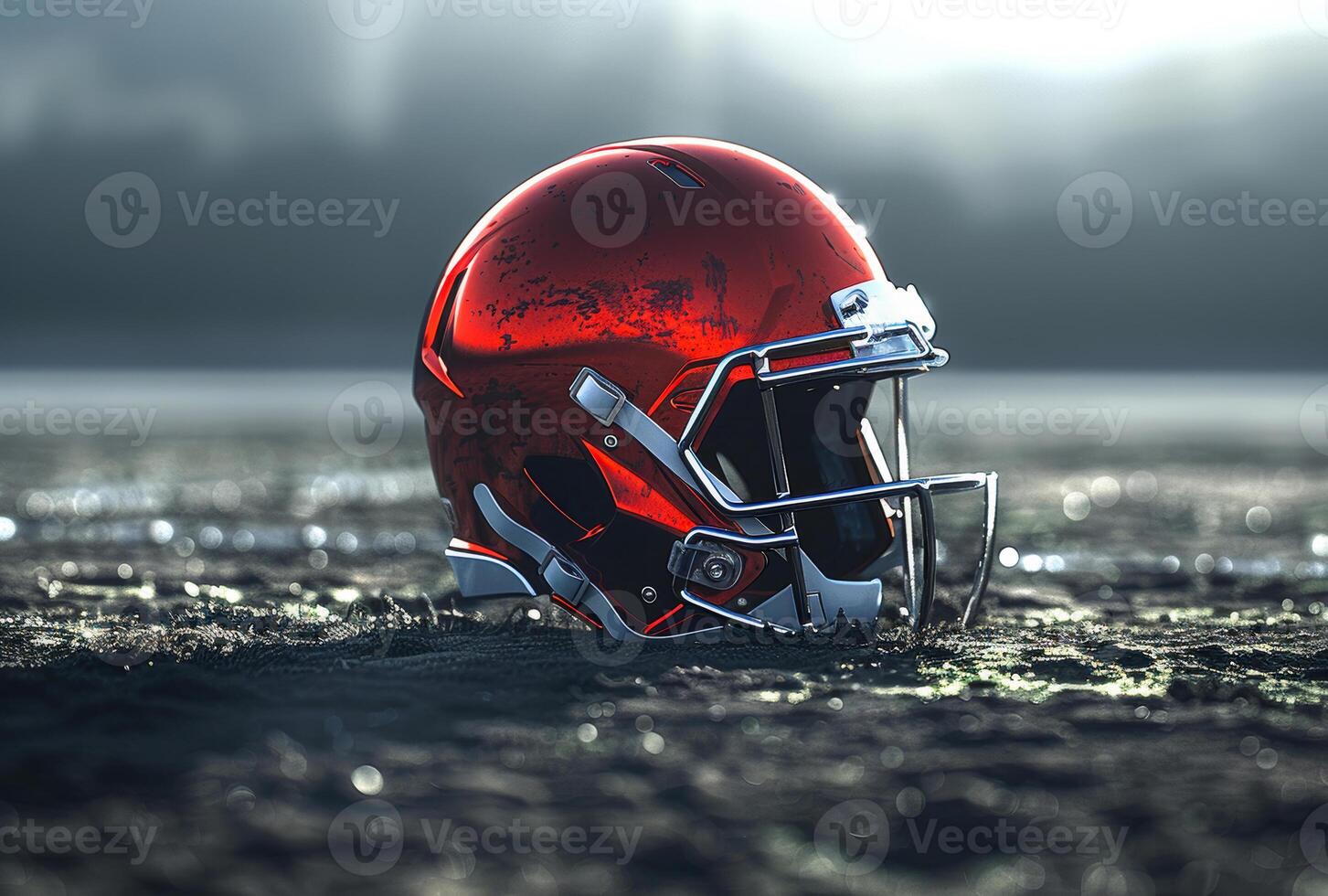 AI generated American football helmet laying in the mud photo