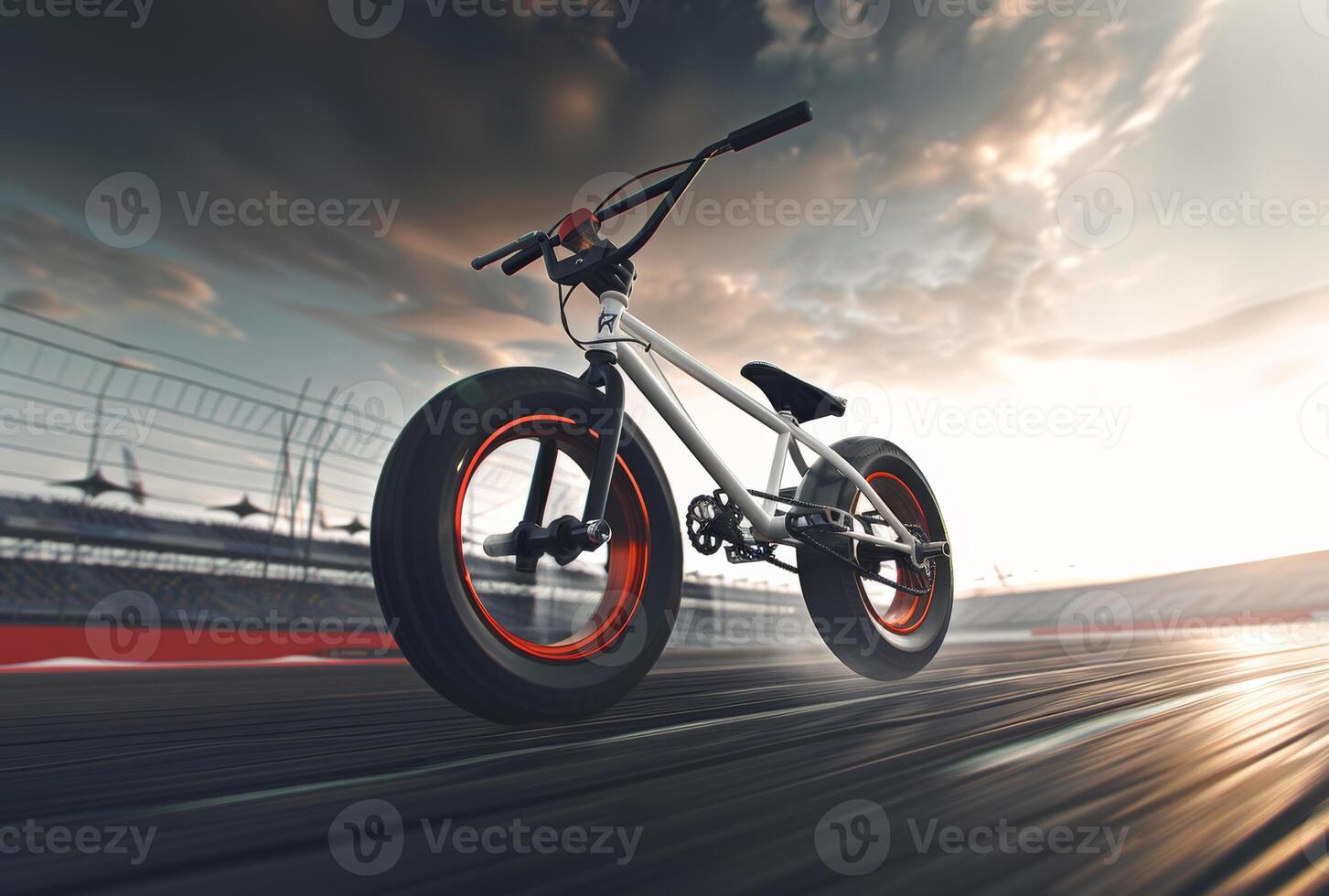 AI generated BMX bike on race track. The BMX bike is captured mid trick in a bright daylight lit photo