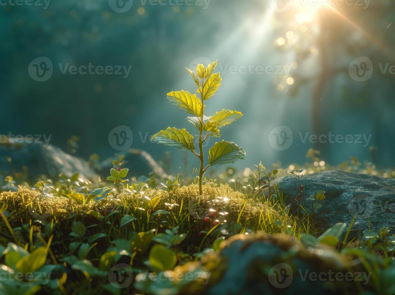 AI generated Small tree sprouts from the ground in forest. photo