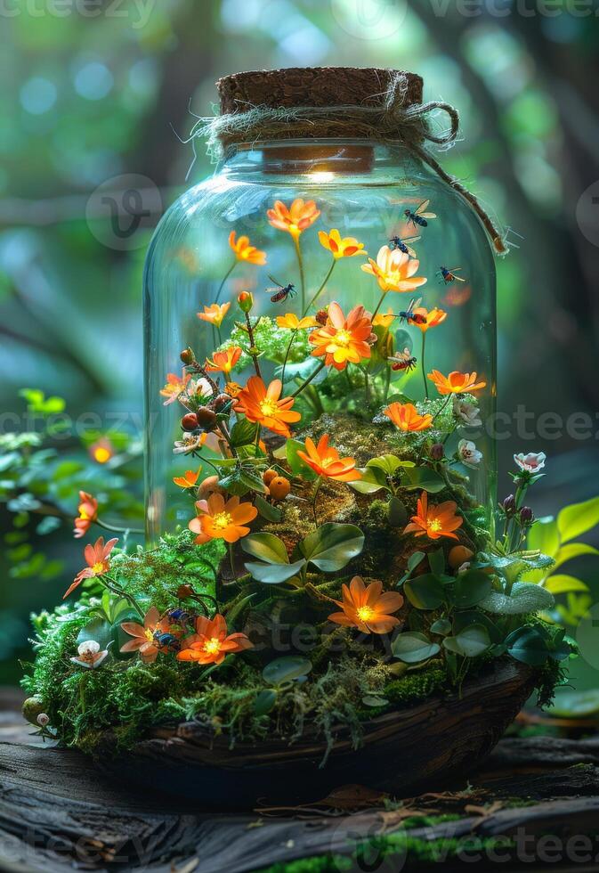 AI generated Fairy garden in bottle with bright flowers and moss. Miniature of a jar with firefly beetles and flowers photo