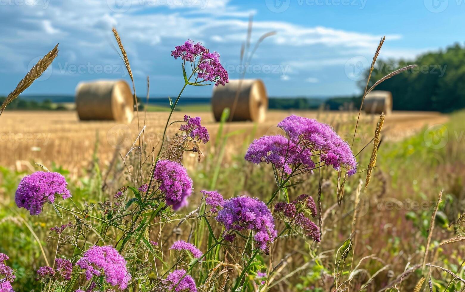 AI generated Pink flowers and hay bales in the background photo