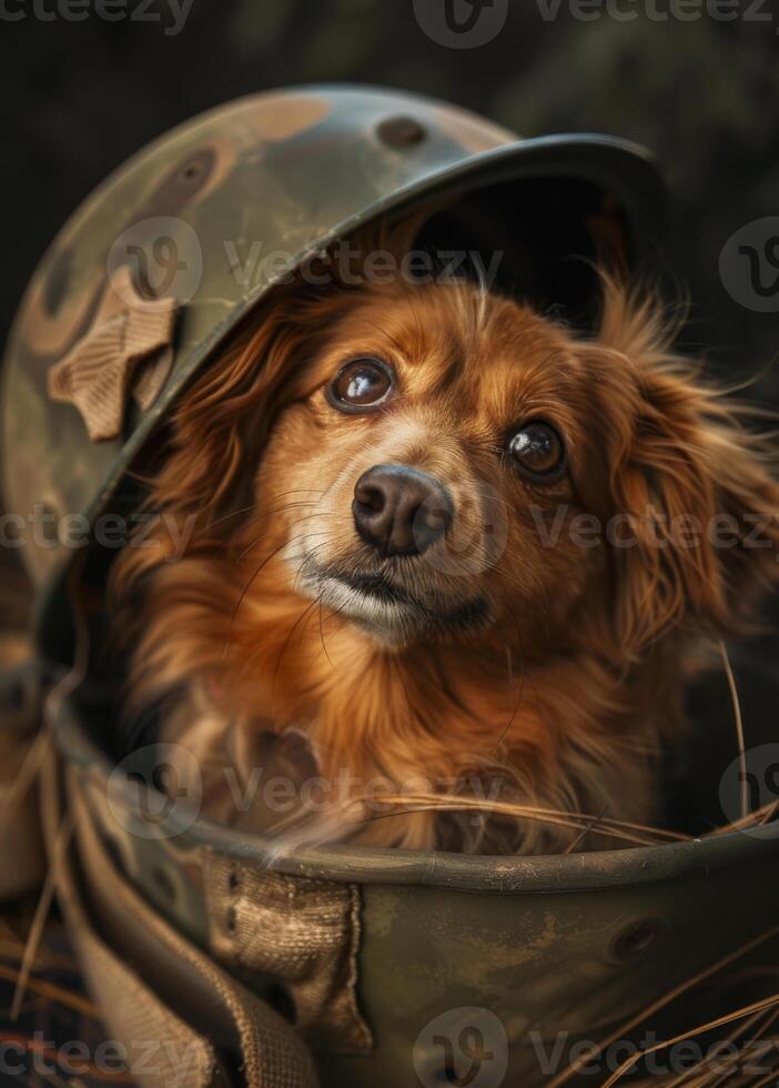 AI generated Dog in helmet. A dog is sitting up in a helmet looking at the camera photo