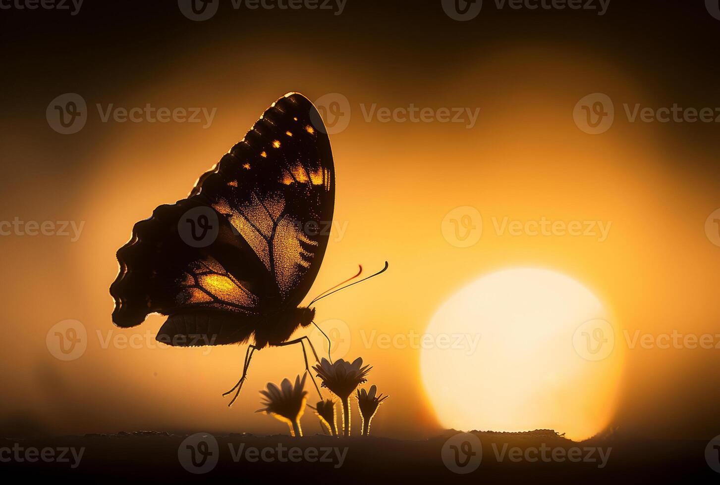 AI generated Silhouette of butterfly on flowers. One butterfly stands silhouetted against a yellow Dawn photo