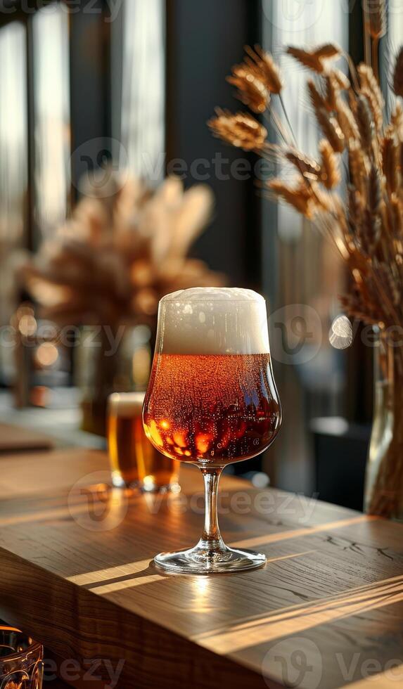 ai generado vaso de oscuro cerveza en de madera mesa en bar foto