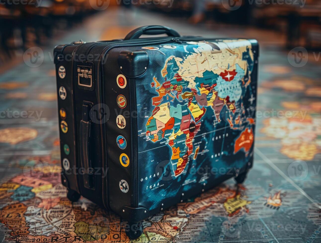 AI generated Suitcase with world map on the floor photo