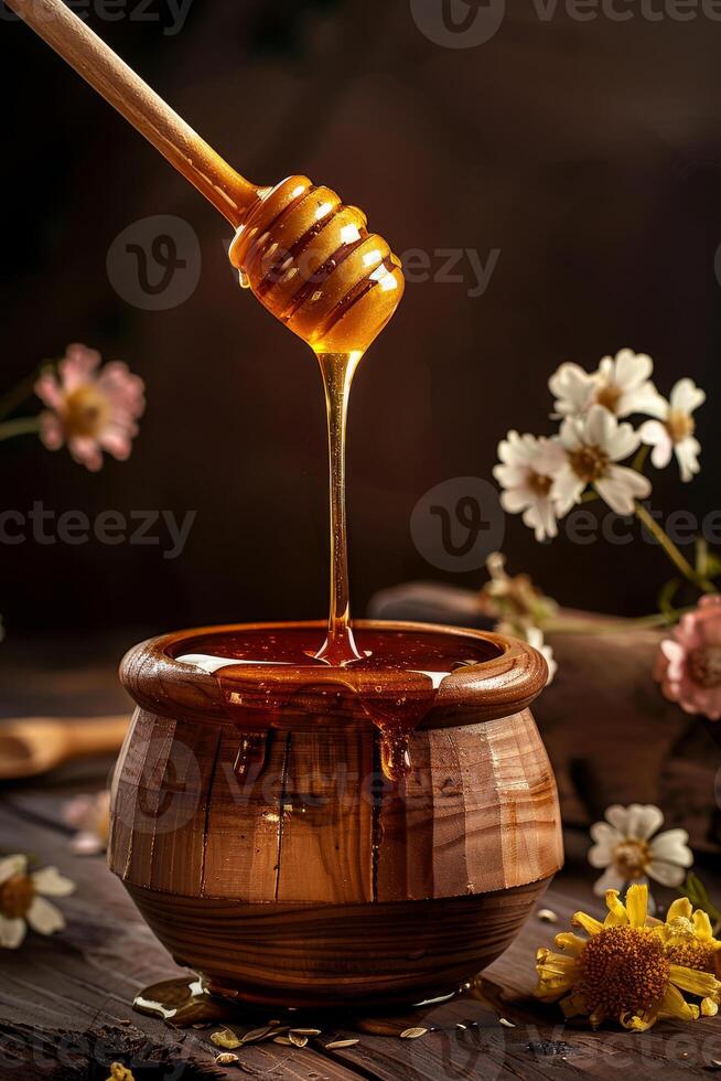 AI generated Honey dripping from wooden honey dipper in jar on wooden background photo