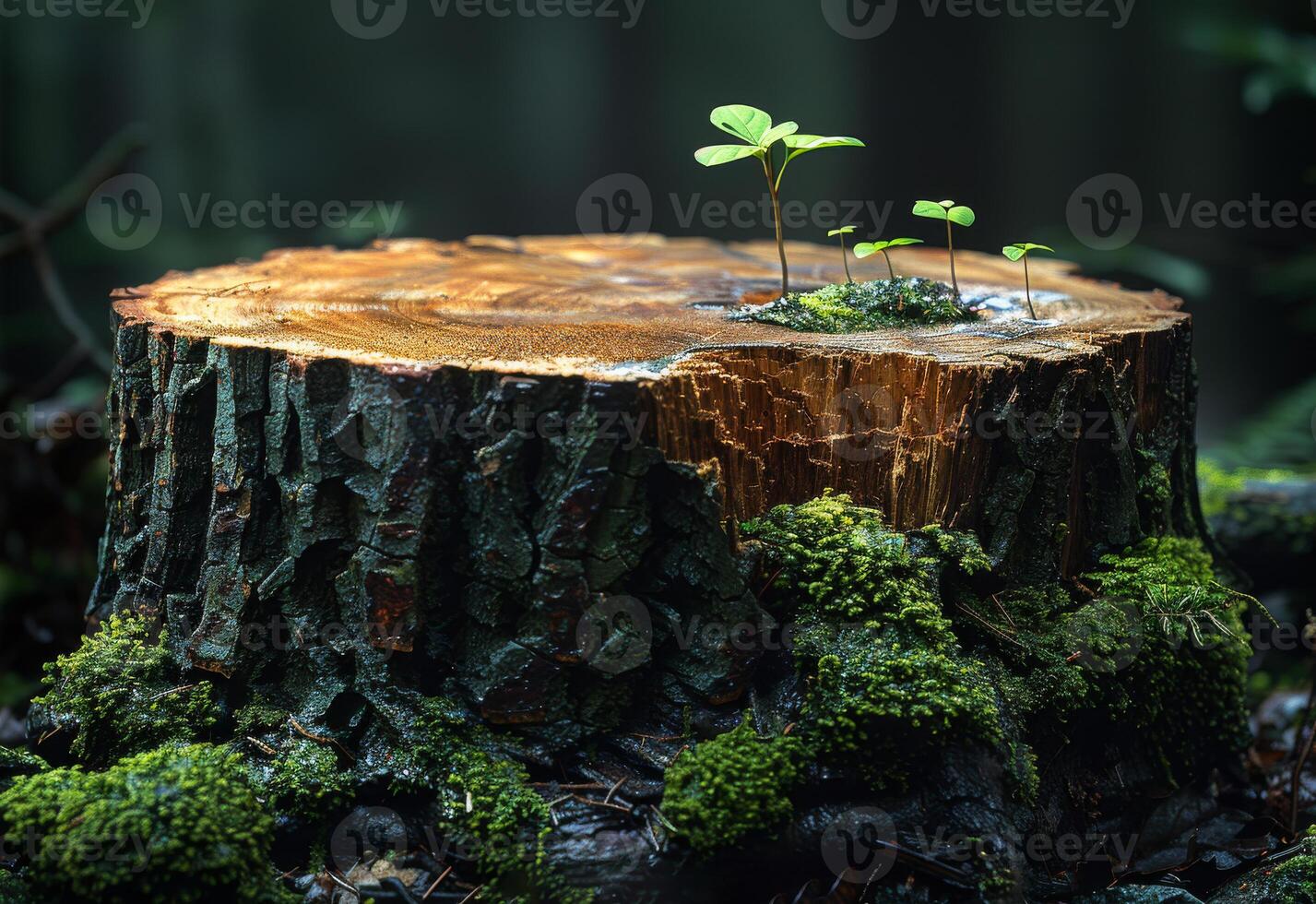 AI generated New life and renewal concept with small tree and seedling growing on cut down tree trunk in forest photo