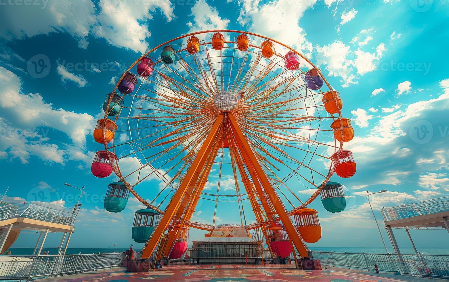 AI generated Ferris wheel on the pier. A colorful ferris wheel set against the backdrop of a blue sky photo