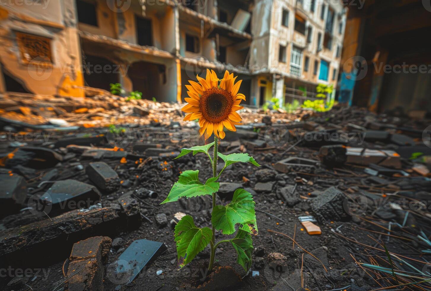 ai generado girasol creciente arriba desde el escombros foto