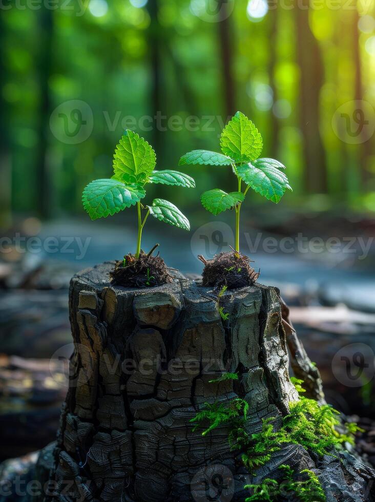 AI generated Two small green plants sprout from the top of an old tree stump on both sides photo