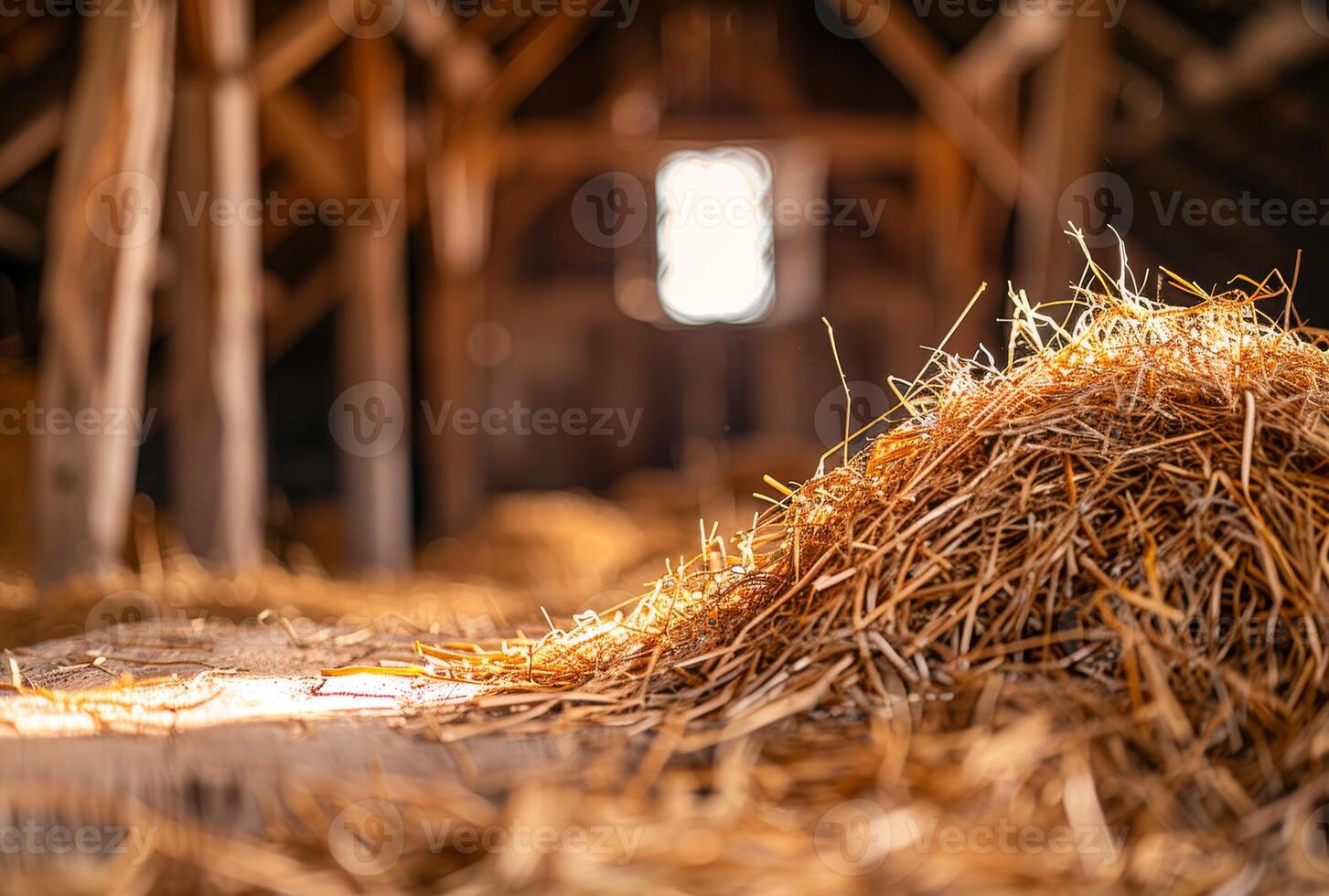 AI generated Hay bales in barn and sunlight coming through the window photo