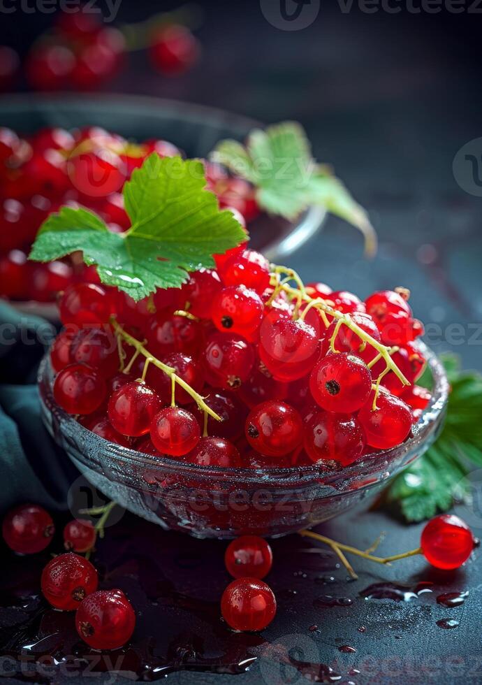 AI generated Red currants in glass bowl on dark background photo