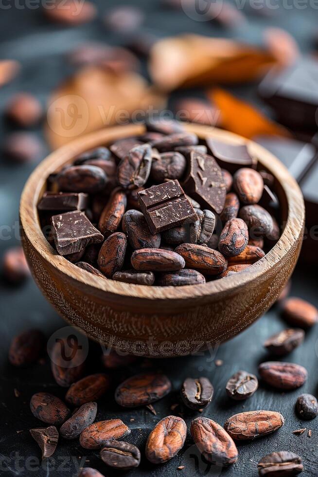 AI generated Cocoa beans and chocolate in wooden bowl on dark background photo