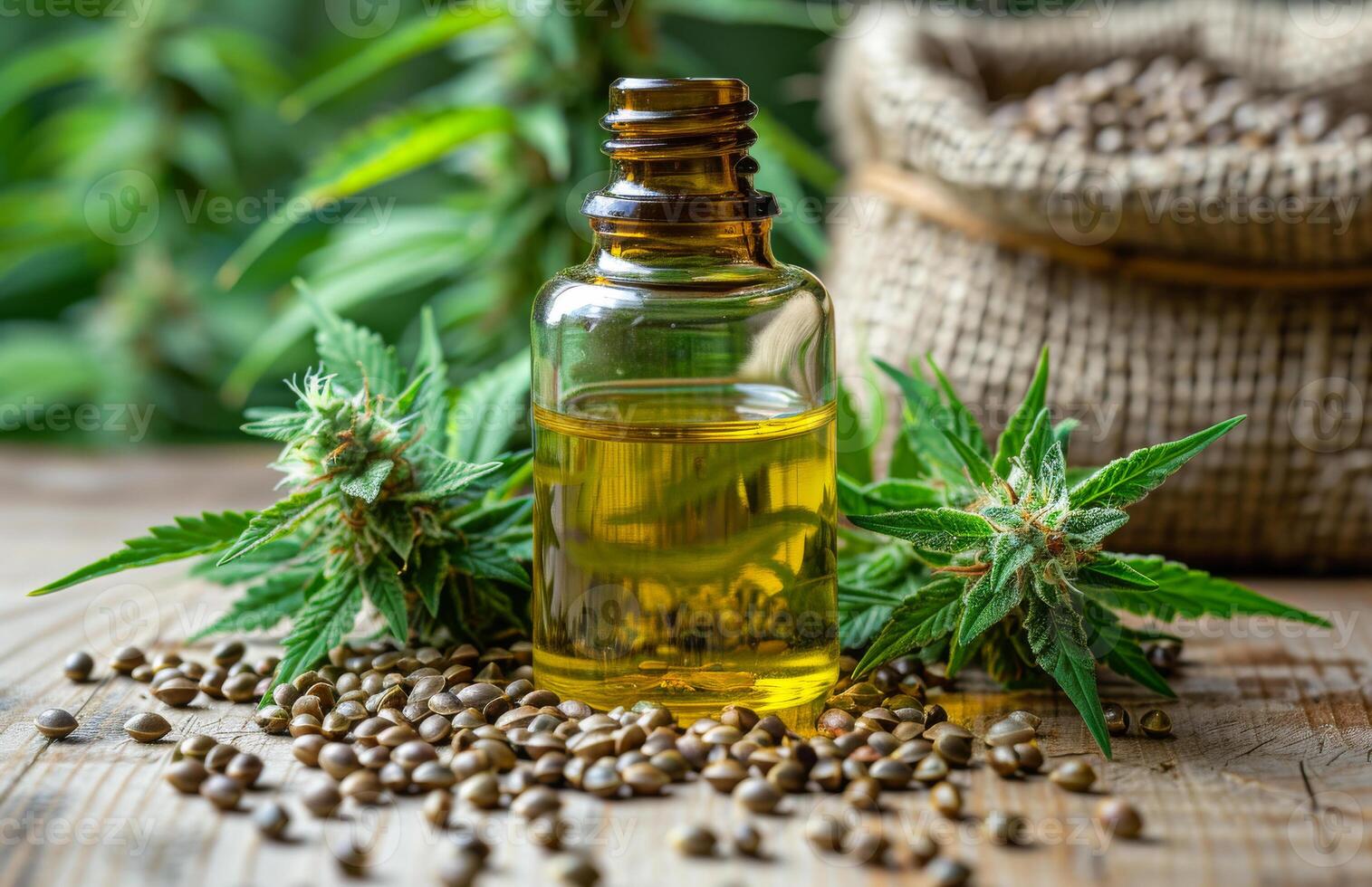 AI generated Bottle of hemp oil with cannabis leaves and flowers photo